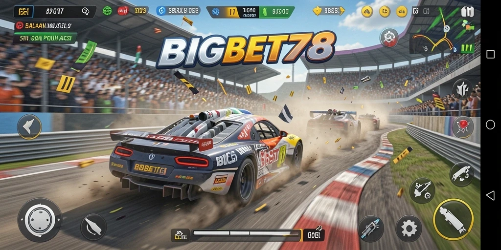 Tampilan gameplay menarik dari BIGBET78 dengan mobil balap yang cepat.