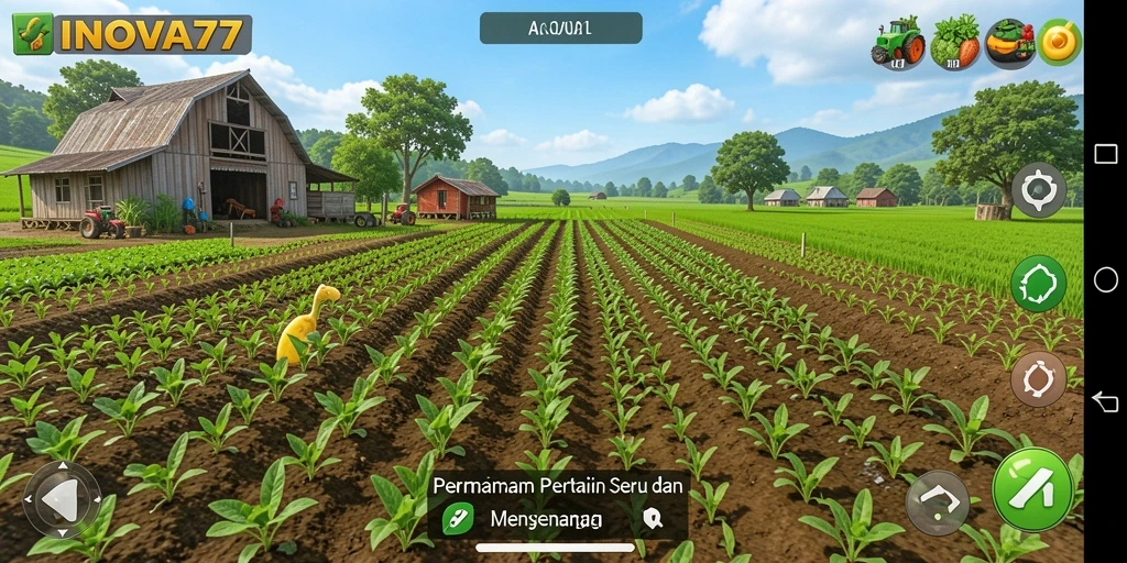 Tangkapan layar gameplay INOVA77 menunjukkan aktivitas bertani yang menyenangkan.