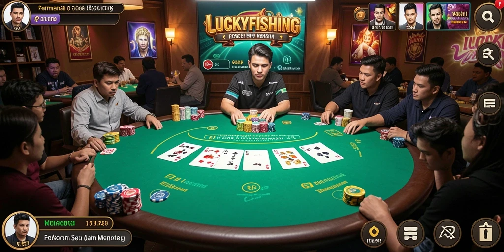 Tangkapan layar permainan LUCKYFISHING yang menampilkan aksi Poker yang mendebarkan.