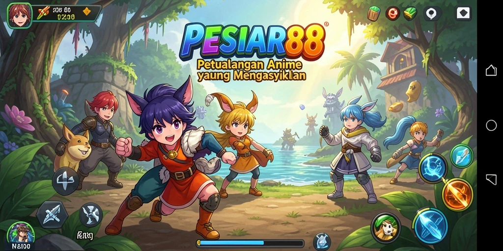 Screenshot PESIAR88 menampilkan karakter Anime beraksi di dunia penuh warna.