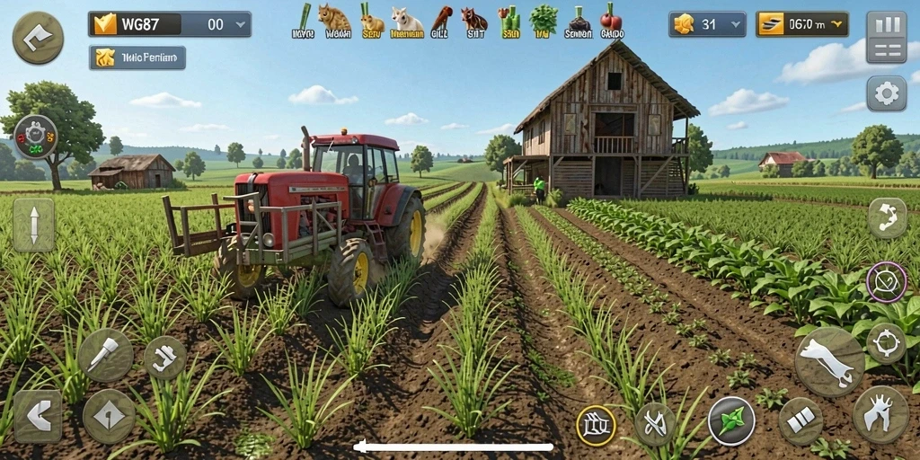 Screenshot utama WG87 menampilkan petani sedang bekerja di ladang hijau.